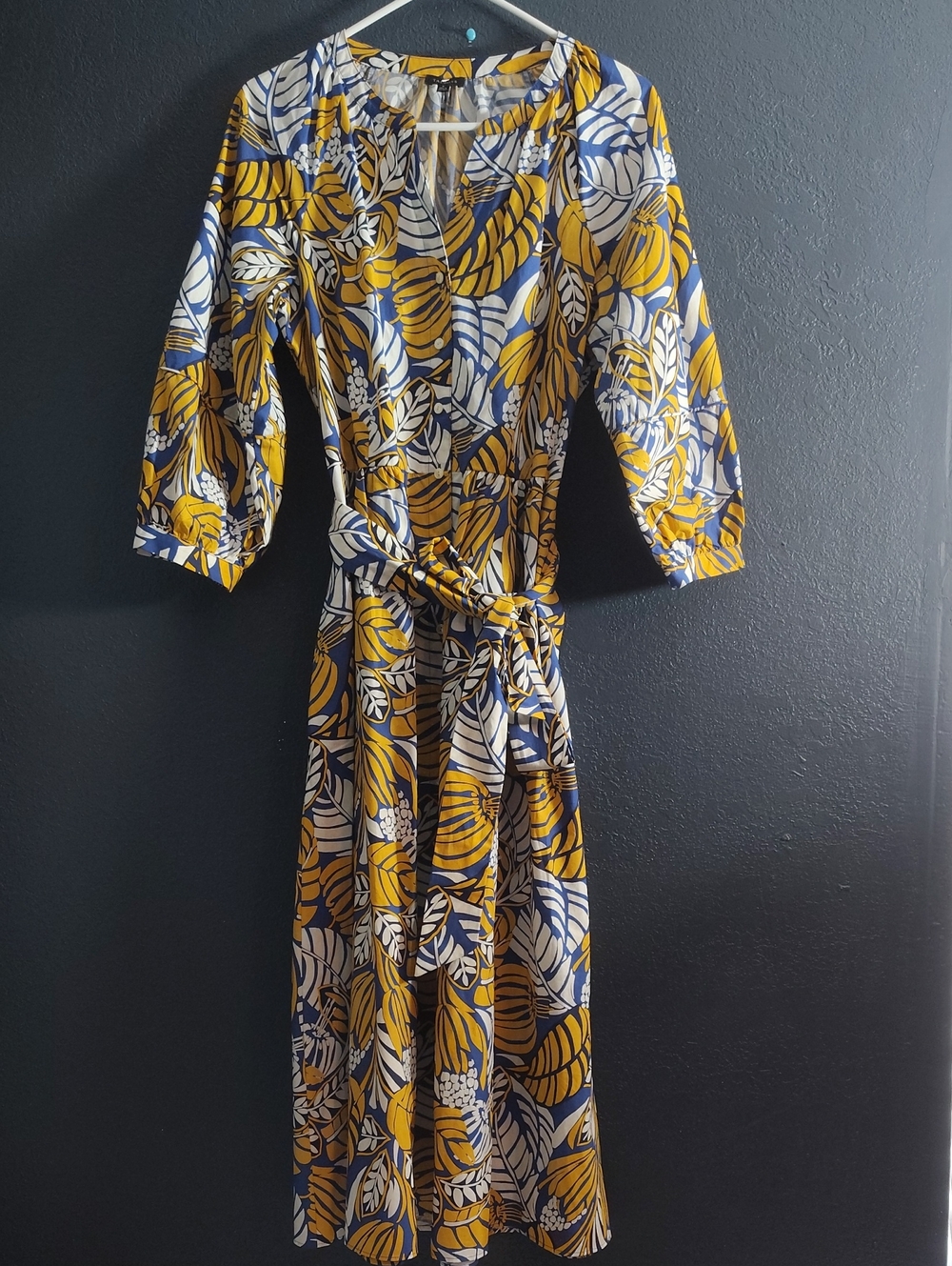 Talbots Yellow, Navy and White Floral Midi Button Down Cotton Dress Size 8